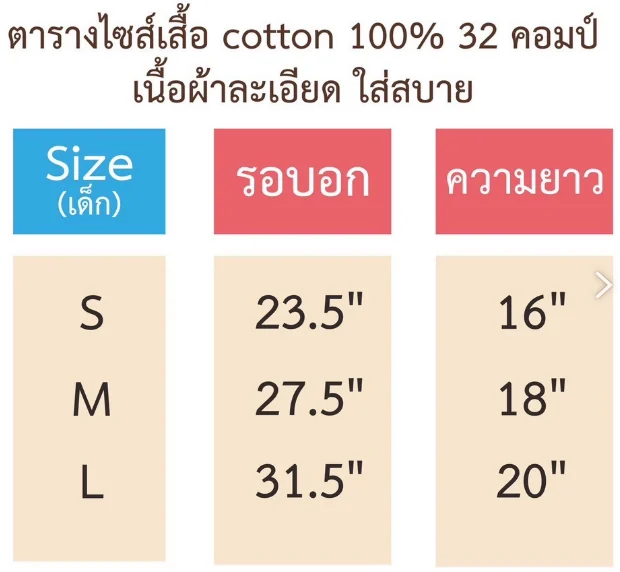 ตารางไซส์เด็ก S M L